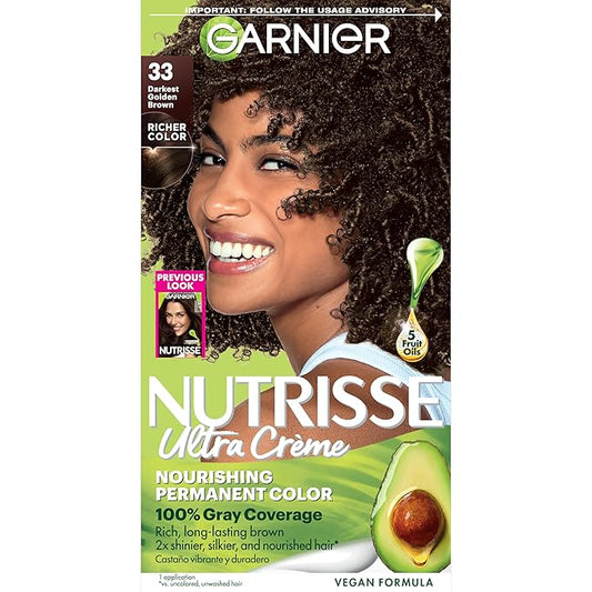 Garnier Nutrisse Ultra Crème Hair Color, Permanent Hair Dye with 100% Gray Coverage, Vegan & Cruelty-Free, 33 Darkest Golden Brown (Caramel Fudge), 1 Count