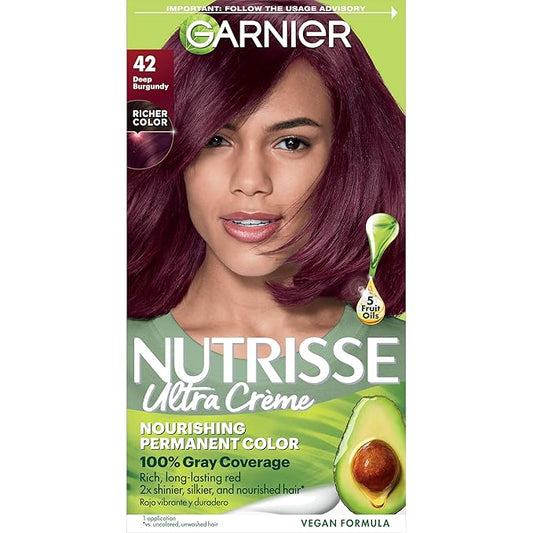 Garnier Nutrisse Ultra Crème Hair Color, Permanent Hair Dye with 100% Gray Coverage, Vegan & Cruelty-Free, 42 Deep Burgundy (Black Cherry), 1 Count