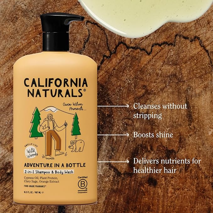 California Naturals Owen Wilson 2 in 1 Hair Shampoo and Body Wash, Wild Woods Fragrance, All Hair Types, Vegan, Natural, Cruelty, Silicone, Paraben & Sulfate Free Shampoo for Men & Body Soap, 16.5 oz