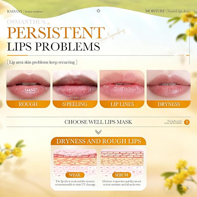 AKARY 5Pcs Osmanthus Lip Mask, Reduce Lip Wrinkles, Radiant, Nourish, Tender Hydrating Mask with Osmanthus Extract & Hydrolyzed Collagen, for Plumping & Moisture, Solution for Dry or Chapped Lips (5)