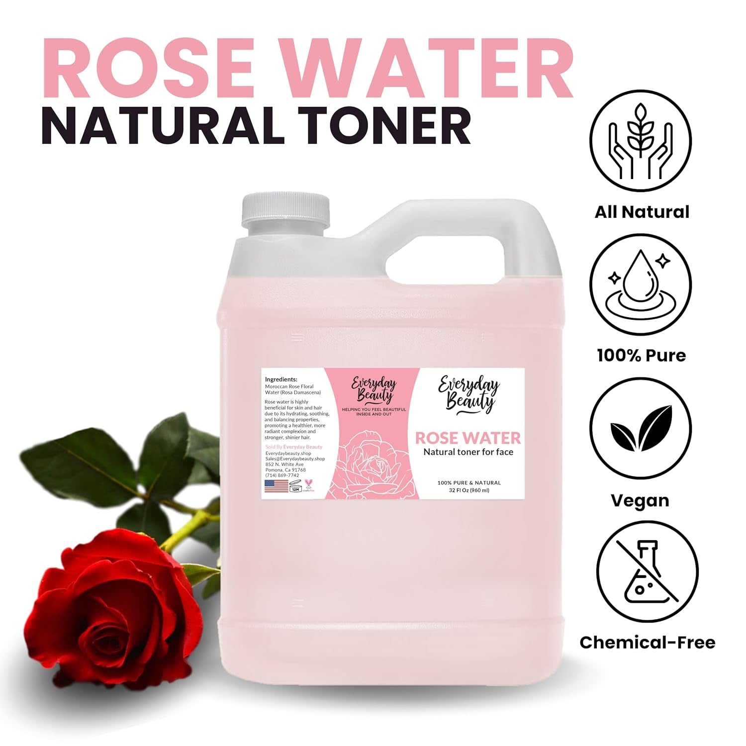 Rose Water Facial Toner - 32Oz Bulk Alcohol-Free Vegan All Natural Refreshing for Face and Hair - Uplifts, Calming & Soothing for All Skin Types