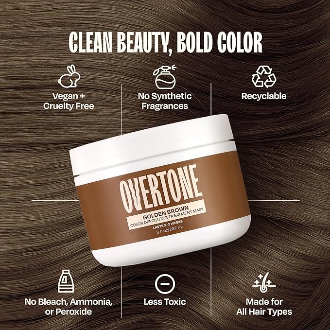 Overtone Semi Permanent Hair Color Conditioner, Golden Brown, 8 oz, Nourishing, Damage-Free, Color Depositing Mask for All Hair Types with Shea Butter & Coconut Oil, Vegan & Cruelty-Free