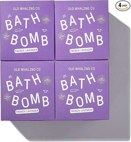 Old Whaling Co French Lavender Bath Bomb – Set of 4 – Handmade Bath Soak with Epsom Salts – Cleansing, Soothing and Moisturizing Fizz – Lavender, Mountain Heather and Rose Scent, 8 oz