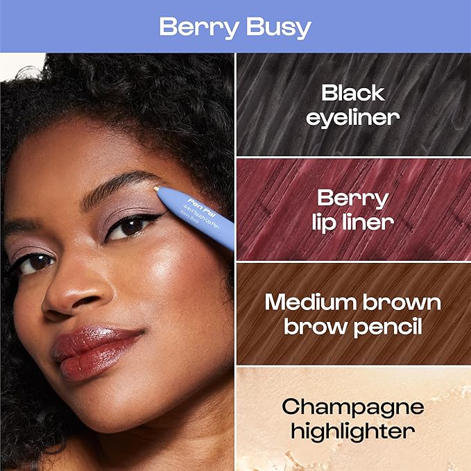 Alleyoop Pen Pal 4-in-1 Makeup Pen – Comes with Eyeliner, Lip Liner, Highlighter Makeup & Eyebrow Pencils for Women – Portable, Touch-Up On the Go – Cruelty-Free, Vegan (Berry Busy (Medium - Deep)