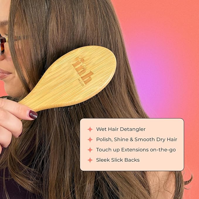 INH Boar Bristle Hair Brush | Smoothing Detangler Brush with Soft Vegan Mixed Bristles for Wet & Dry Hair | Detangling Anti-Frizz Wood Paddle Brush for Wig, Extensions, Human & Synthetic Hair | Peach