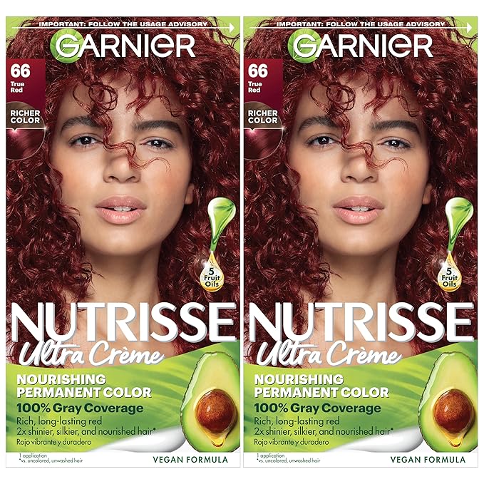 Garnier Nutrisse Ultra Crème Hair Color, Permanent Hair Dye with 100% Gray Coverage, Vegan & Cruelty-Free, 66 True Red (Pomegranate), 2 Count
