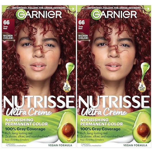 Garnier Nutrisse Ultra Crème Hair Color, Permanent Hair Dye with 100% Gray Coverage, Vegan & Cruelty-Free, 66 True Red (Pomegranate), 2 Count