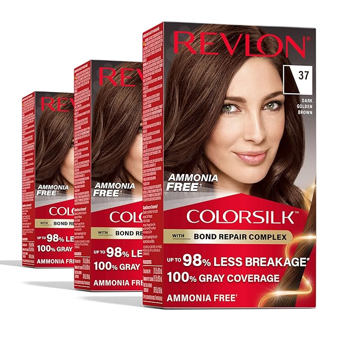 Revlon ColorSilk with Bond Repair Complex, Brown Permanent Hair Color, 100% Gray Coverage, Ammonia Free Hair Dye, Vegan Keratin, 37 Dark Golden Brown (Pack of 3)