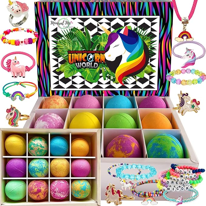 Unicorn Bath Bombs for Girls with Jewelry Inside, Organic Bath Bombs for Kids with Surprise, Natural, Skin Moisturizing BathBombs, Rainbow Bubble Bath. Easter Basket Essentials for Girls, Kids, 12 pk