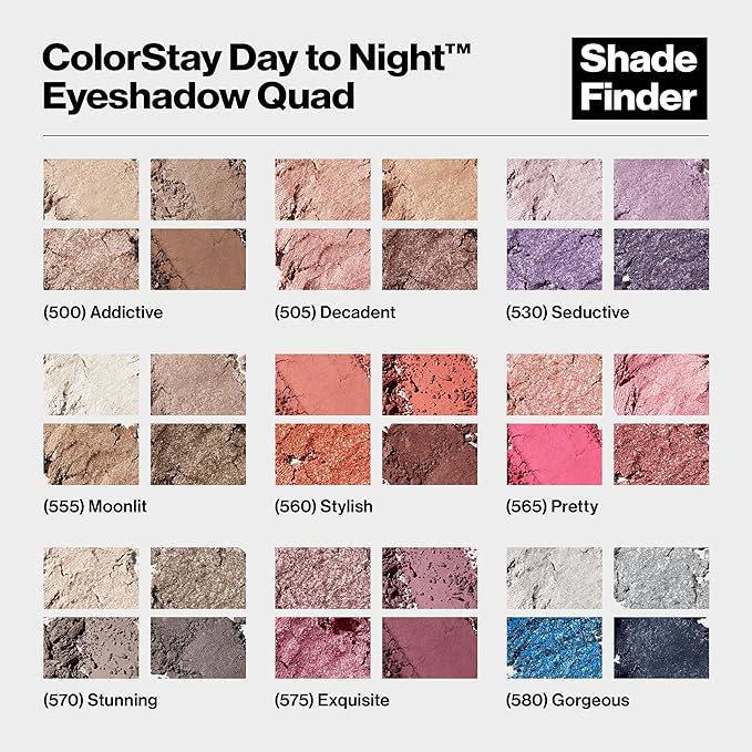 Revlon ColorStay Day to Night Eyeshadow Quad, Longwear Shadow Palette with Transitional Shades and Buttery Soft Feel, Crease & Smudge Proof, 500 Addictive, 0.16 oz