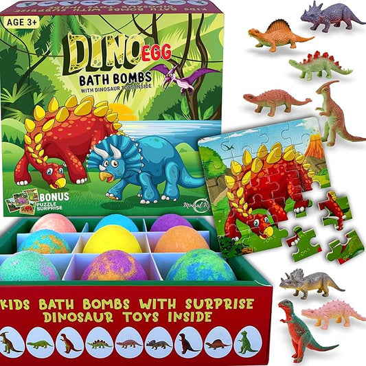Bath Bombs for Kids with Surprise Toys Inside Plus Dinosaur Puzzle, Set of 9 Organic Dino Egg Bath Bombs, Gentle and Kids Safe, Fizzy Balls with Rich Bubbles, Easter Basket Essentials for Boys, Girls