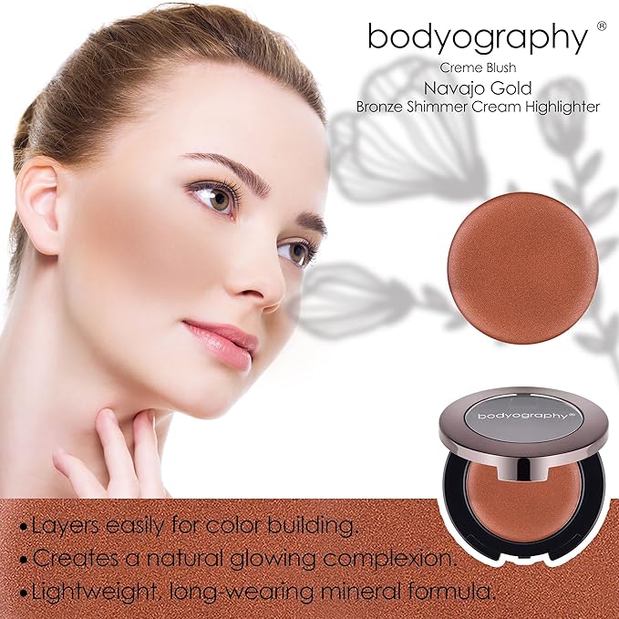 Bodyography Cream Blush for Cheeks, Navajo Gold -Golden Bronze| Lightweight, Buildable Mineral-Based Formula | Natural Flush with Crème-to-Powder Texture | Long-Wearing, Easy Blend for Radiant Skin