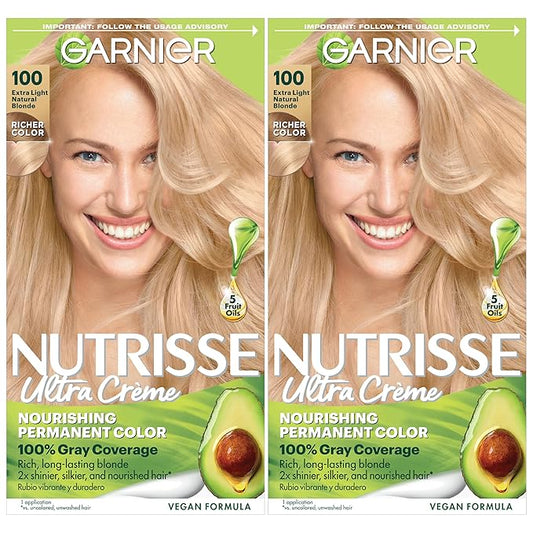 Garnier Nutrisse Ultra Crème Hair Color, Permanent Hair Dye with 100% Gray Coverage, Vegan & Cruelty-Free, 100 Extra-Light Natural Blonde (Chamomile), 2 Count