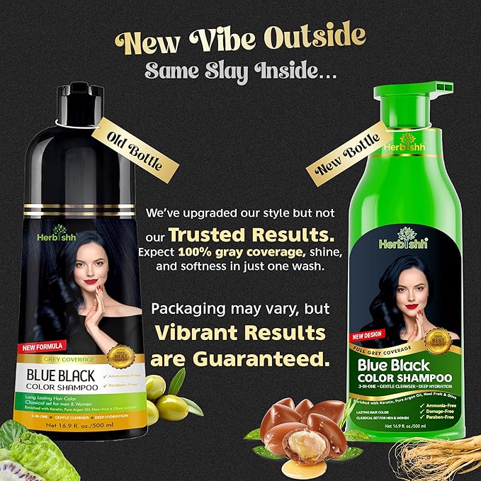 Herbishh Hair Color Shampoo - Magic Long-Lasting Hair Dye for Gray Hair Coloring in Minutes - 500 Ml - 3-In-1 Ammonia-Free Formula (Blue Black)