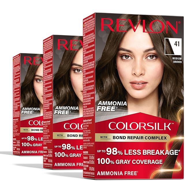Revlon ColorSilk with Bond Repair Complex, Brown Permanent Hair Color, 100% Gray Coverage, Ammonia Free Hair Dye, Vegan Keratin, 41 Medium Brown (Pack of 3)