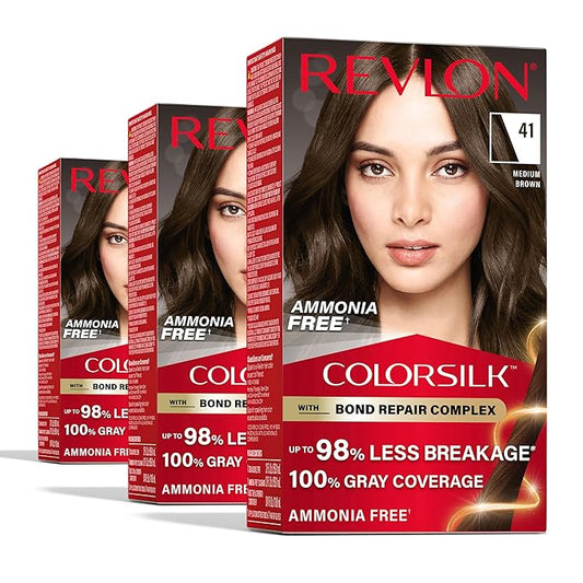 Revlon ColorSilk with Bond Repair Complex, Brown Permanent Hair Color, 100% Gray Coverage, Ammonia Free Hair Dye, Vegan Keratin, 41 Medium Brown (Pack of 3)