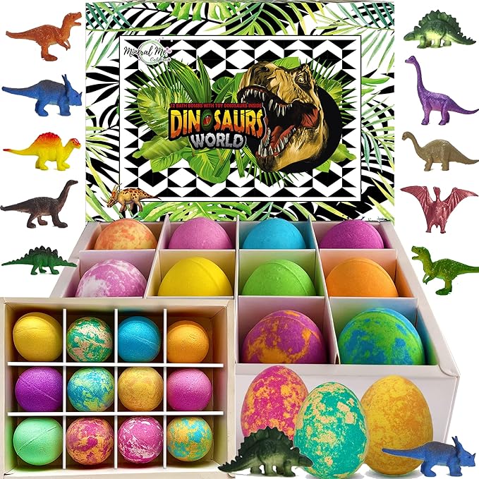 Bath Bombs for Kids with Surprise Inside - 12 Dinosaur Bath Bombs with Toys, Organic Colorful Bubble Bath Fizzies, Dino Egg Bath Bomb w/Rich Bubbles, Easter Basket Essentials for Kids, Boys, Girls