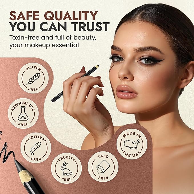 Natural Eyeliner Pencil, Black - Hypoallergenic, Water & Smudge Proof Eyeliner for sharp Lines and Defined Eyes - Long-Lasting, Organic & Cruelty-Free with Jojoba & Castor Oil for Sensitive Eyes
