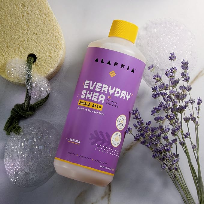 Alaffia Everyday Shea Bubble Bath, Soothing Support for Deep Relaxation and Soft Moisturized Skin, Made with Fair Trade Shea Butter, Cruelty Free, No Parabens, Vegan, Lavender, 2 Pack - 16 Fl Oz Ea