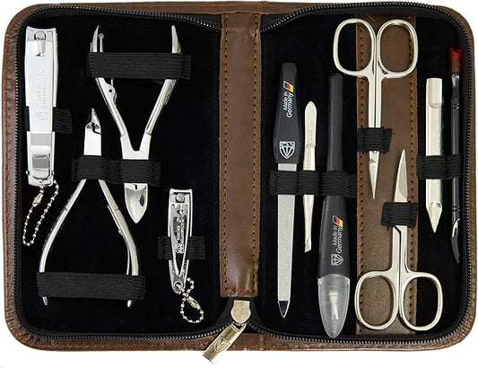 3 Swords Germany - brand quality 10 piece manicure pedicure grooming kit set for nail care scissors clipper brown synthetic leather case - Made by 3 Swords