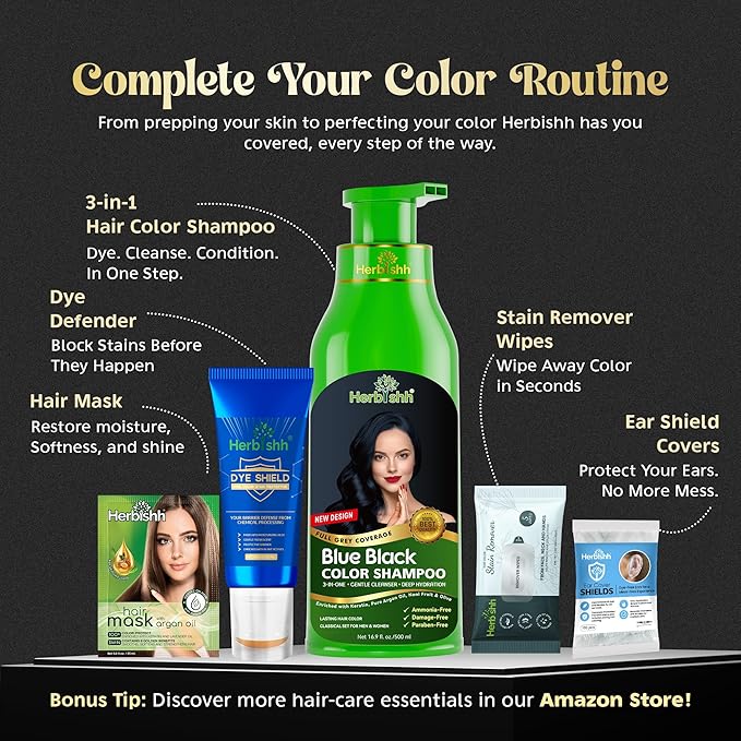 Herbishh Hair Color Shampoo - Magic Long-Lasting Hair Dye for Gray Hair Coloring in Minutes - 500 Ml - 3-In-1 Ammonia-Free Formula (Blue Black)