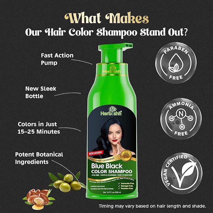 Herbishh Hair Color Shampoo - Magic Long-Lasting Hair Dye for Gray Hair Coloring in Minutes - 500 Ml - 3-In-1 Ammonia-Free Formula (Blue Black)
