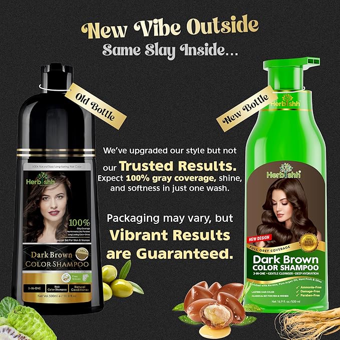 Herbishh Hair Color Shampoo for Gray Hair, Dark Brown, 500ml with Color Stain Remover Wipes, Ammonia Free