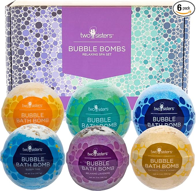 Two Sisters Relaxing Bath Bombs for Women, Girls, Teens & Kids (6 Pack) - Natural Bubble Bomb, Moisturizes Dry Skin, Aromatic Scents, USA Made - Christmas Stocking Stuffers for Women by Two Sisters