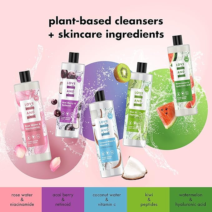 Love Beauty and Planet Plant-Based Body Wash Nourish and Illuminate Skin Rose Water and Niacinamide Made with Plant-Based Cleansers and Skin Care Ingredients, 100% Biodegradable 20 fl oz
