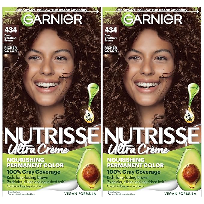 Garnier Nutrisse Ultra Crème Hair Color, Permanent Hair Dye with 100% Gray Coverage, Vegan & Cruelty-Free, 434 Deep Chestnut Brown (Chocolate Chestnut), 2 Count