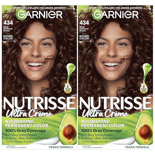 Garnier Nutrisse Ultra Crème Hair Color, Permanent Hair Dye with 100% Gray Coverage, Vegan & Cruelty-Free, 434 Deep Chestnut Brown (Chocolate Chestnut), 2 Count