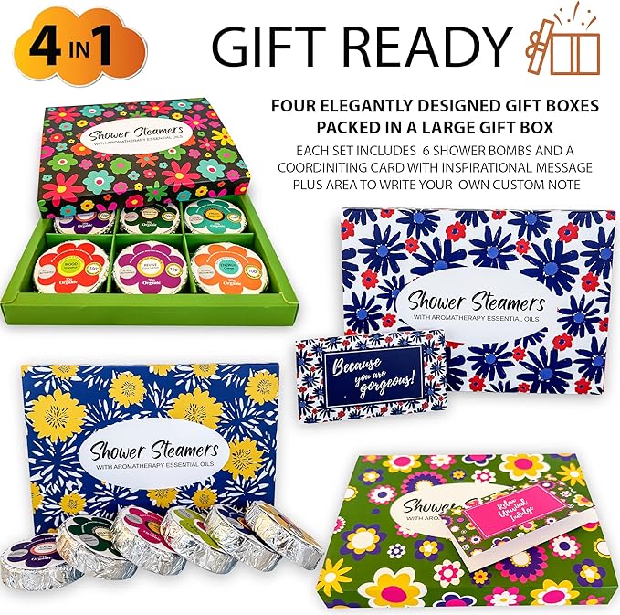 Shower Steamers for Women Gift Set, 24pc Shower Bombs Aromatherapy Gift Set w/Organic Essential Oils. Shower Melts, Bath Bombs for Shower, Easter Basket Essentials, Individually Wrapped, 4 Box, 6 Pack