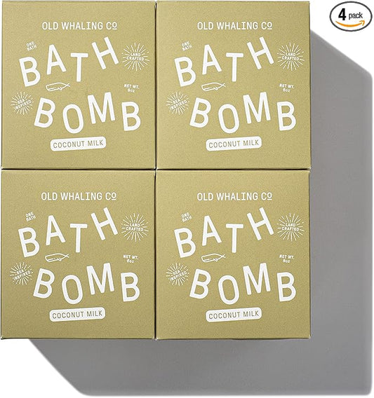 Old Whaling Co Coconut Milk Bath Bomb – Set of 4 – Handmade Bath Soak with Epsom Salts – Cleansing, Soothing and Moisturizing Fizz – Tropical, Floral Scent, 8 oz