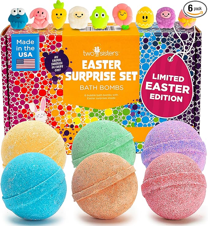 Easter Bath Bombs for Kids with Surprise Toys Inside (6 Pack) - Kids Easter Basket Stuffers for Boys and Girls - Large Spring Bubble Bomb, Made in USA, Incredible Fragrances & Colors by Two Sisters