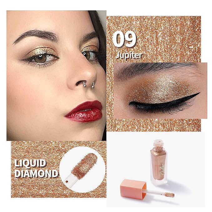 Oulac Liquid Glitter Eyeshadow Liquid Eyeshadow Metallic Shimmer Liquid Eyeliner Non-sticky One-Swipe Coverage with Quick-Drying Crease-resistant Formula.Vegan & Cruelty-Free.(09)