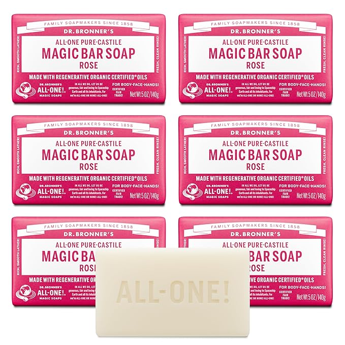 Dr. Bronner's Pure-Castile Magic Soap Bars (Rose, 5 oz, 6-Pack)- Made with Regenerative Organic Certified Oils- For Face, Body & Hair - Gentle, Vegan- Bar Soaps for Men & Women
