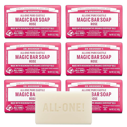 Dr. Bronner's Pure-Castile Magic Soap Bars (Rose, 5 oz, 6-Pack)- Made with Regenerative Organic Certified Oils- For Face, Body & Hair - Gentle, Vegan- Bar Soaps for Men & Women