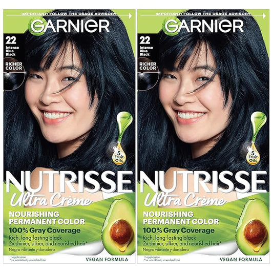 Garnier Nutrisse Ultra Crème Hair Color, Permanent Hair Dye with 100% Gray Coverage, Vegan & Cruelty-Free, 22 Intense Blue Black (Mulberry), 2 Count