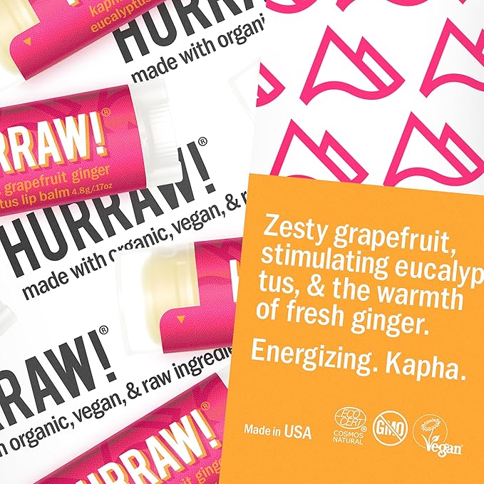 Hurraw! Grapefruit, Ginger, Eucalyptus (Kapha) Lip Balm, 3 Pack: Organic, Certified Vegan, Cruelty and Gluten Free. Non-GMO, 100% Natural Ingredients. Bee, Shea, Soy and Palm Free. Made in USA