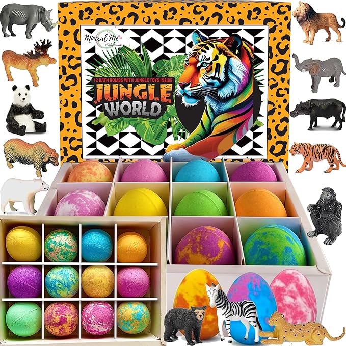 Bath Bombs for Kids with Surprise Inside- 12 pk Kids Bath Bombs with Jungle Toys, Organic, Natural, Skin-Moisturizing Bubble BathBombs. Birthday Gifts, Easter Basket Essentials for Boys, Girls, Kids