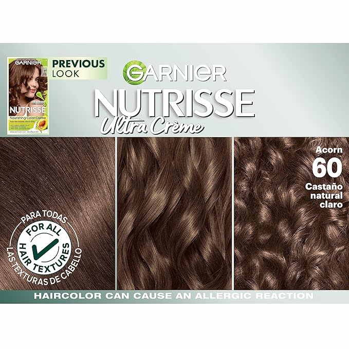 Garnier Nutrisse Ultra Crème Hair Color, Permanent Hair Dye with 100% Gray Coverage, Vegan & Cruelty-Free, 60 Light Natural Brown (Acorn), 2 Count