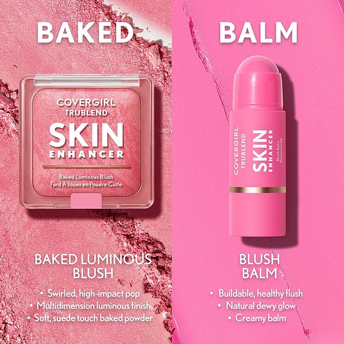 COVERGIRL TruBlend Skin Enhancer Baked Luminous Blush, with Hyaluronic Acid & White Rose Extract, Blends Seamlessly - Please Please Pink (Bright Pink with Light Swirls)