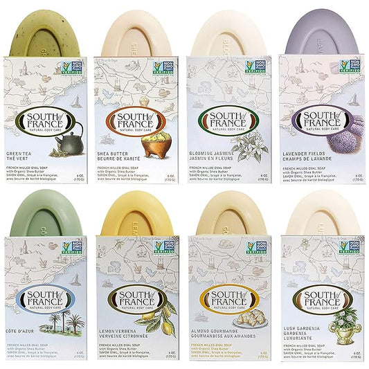 South Of France Natural Body Care Triple Milled Large 6OZ Bar Soap (Variety Pack 1, 8 Bars)