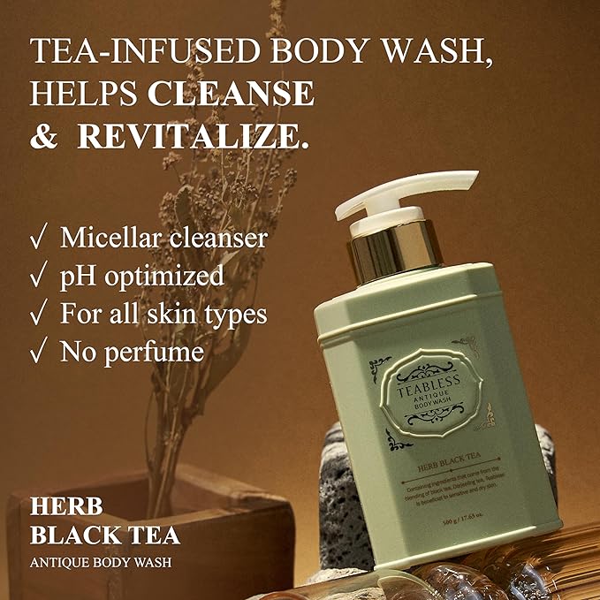 Herb Black Tea Body Wash, Hydrating Vegan Body Cleanser for Sensitive Skin | Gentle, Moisturizing, Non-Sticky, Mild Scrub | Korean Skin Care