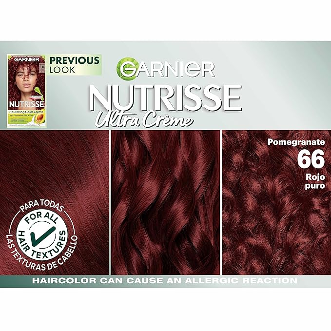 Garnier Nutrisse Ultra Crème Hair Color, Permanent Hair Dye with 100% Gray Coverage, Vegan & Cruelty-Free, 66 True Red (Pomegranate), 2 Count
