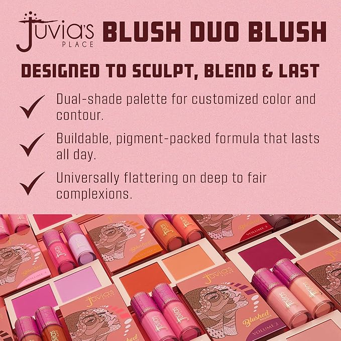 Juvia's Place Blushed Duo Blush Volume3 - Two Tone Pigmented Buildable Pressed Mineral Powder - Rosy Natural Cheeks Matte Fresh Finish for All Skin Color