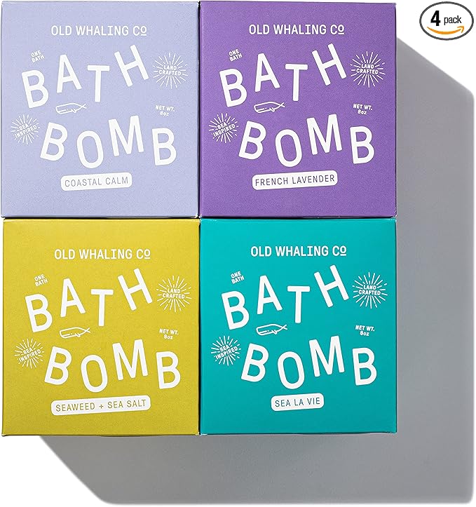 Old Whaling Co Assorted Bath Bombs – Set of 4 – Handmade Bath Soak with Epsom Salts – Cleansing, Soothing and Moisturizing Fizz – Beachy Bath and Body Products, 8 oz