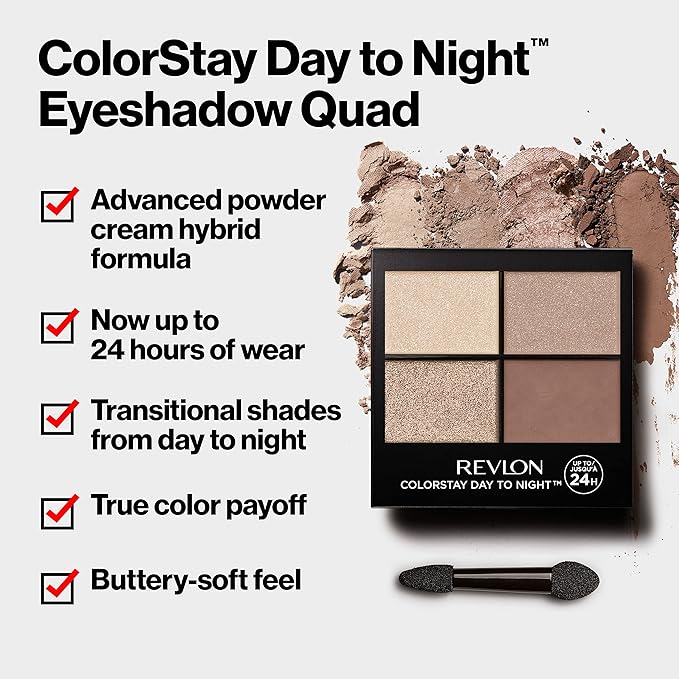 Revlon ColorStay Day to Night Eyeshadow Quad, Longwear Shadow Palette with Transitional Shades and Buttery Soft Feel, Crease & Smudge Proof, 500 Addictive, 0.16 oz