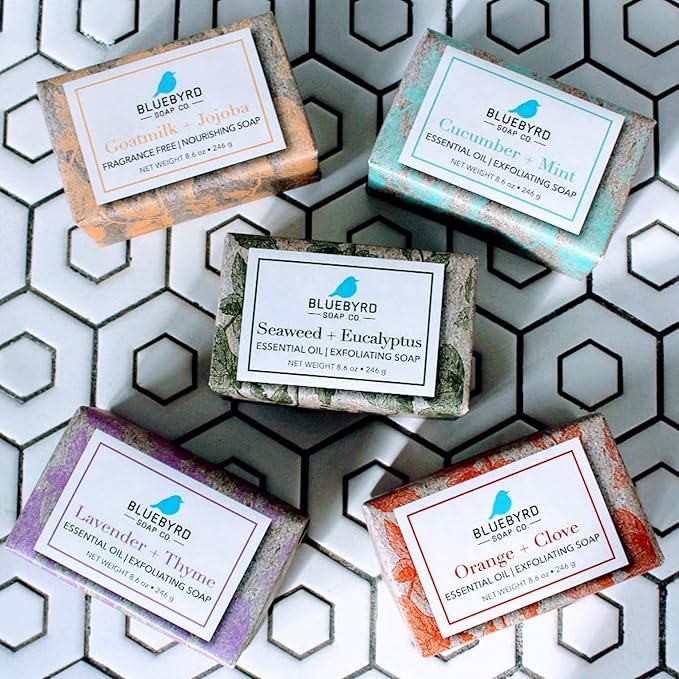 BLUEBYRD Soap Co. Cucumber & Mint Exfoliating Soap Bar, 100% Vegan Cold Press Large Soap Bars, Scented with Premium Essential Oils, Scrub Soap Bars for Men and Women, Exfoliate Body Naturally with Oatmeal, Shea Butter, Olive Oil, 8.6oz(CUCUMBER & MINT)
