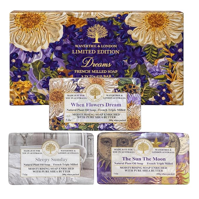 Wavertree & London Dreams Bar Soap Gift Set, 3 Pack Australian Triple Milled Natural Bar Soap with Organic Shea Butter & Essential Oils, Moisturizing Plant-Based Bath & Body Soap Bars for Women & Men